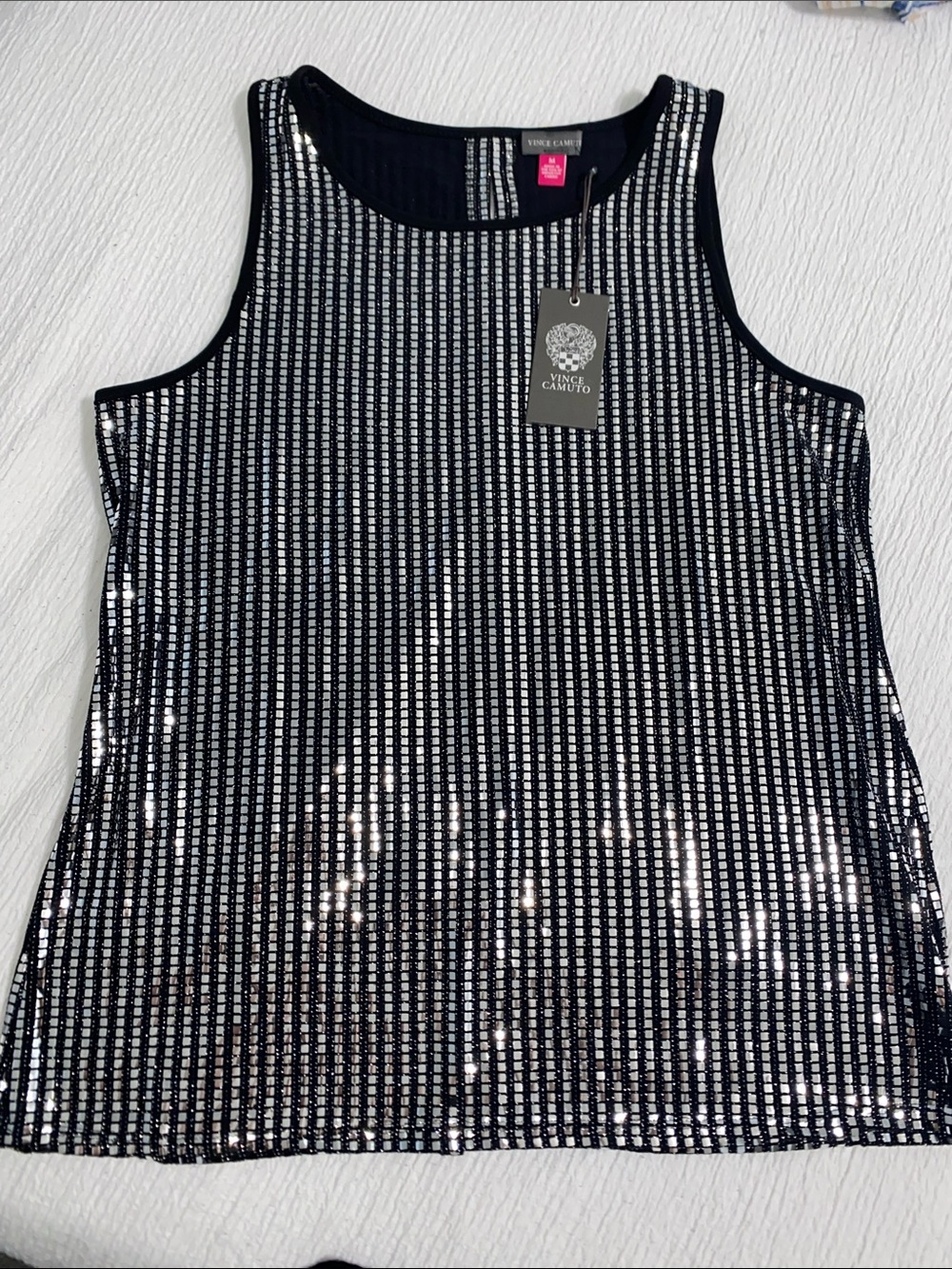 Vince Camuto Black Tank with Silver Sequin Grid